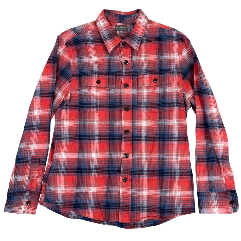 LL Bean Signature Slim Fit Flannel Shirt Mens Large Red Blue Plaid Button Down